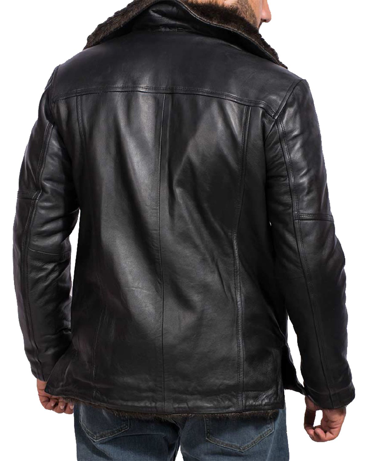Men’s Black Fur Collar Bomber Leather Jacket