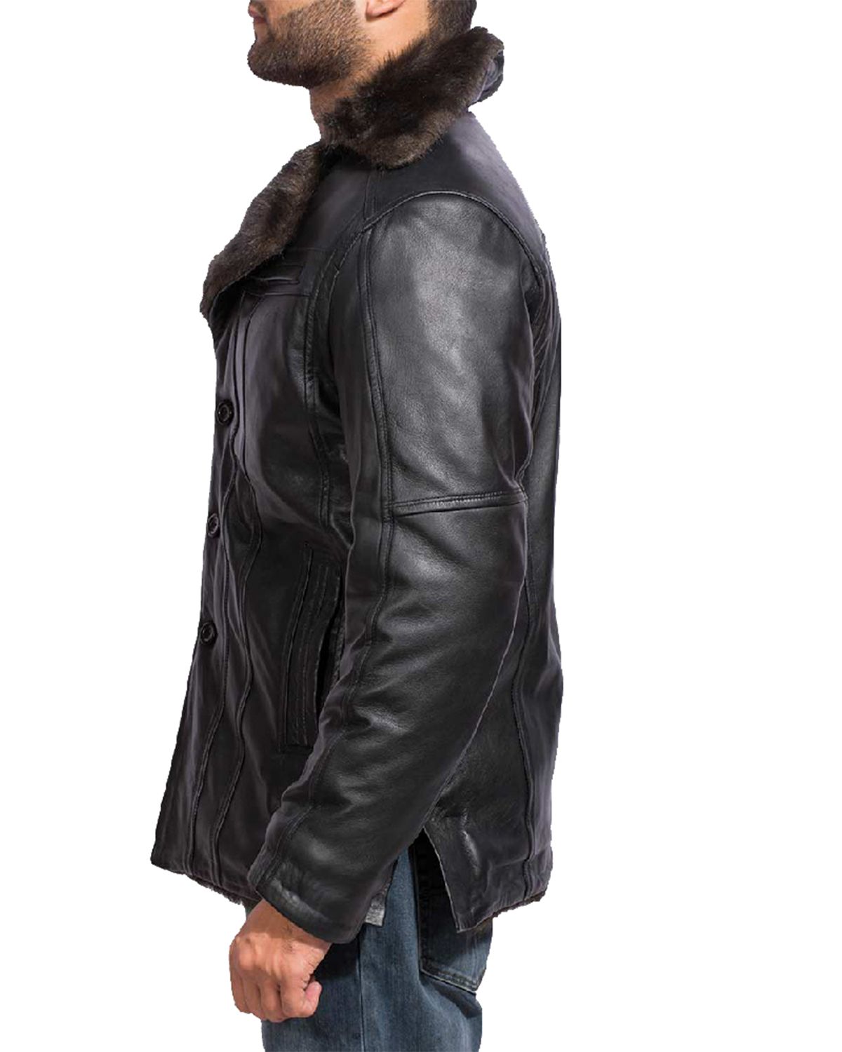 Men’s Black Fur Collar Bomber Leather Jacket