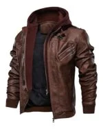 Men's Detachable Hooded Biker Motorcycle Leather Jacket - Image 3