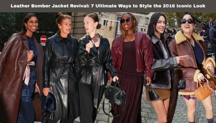 Group of women wearing stylish leather bomber jackets outdoors.